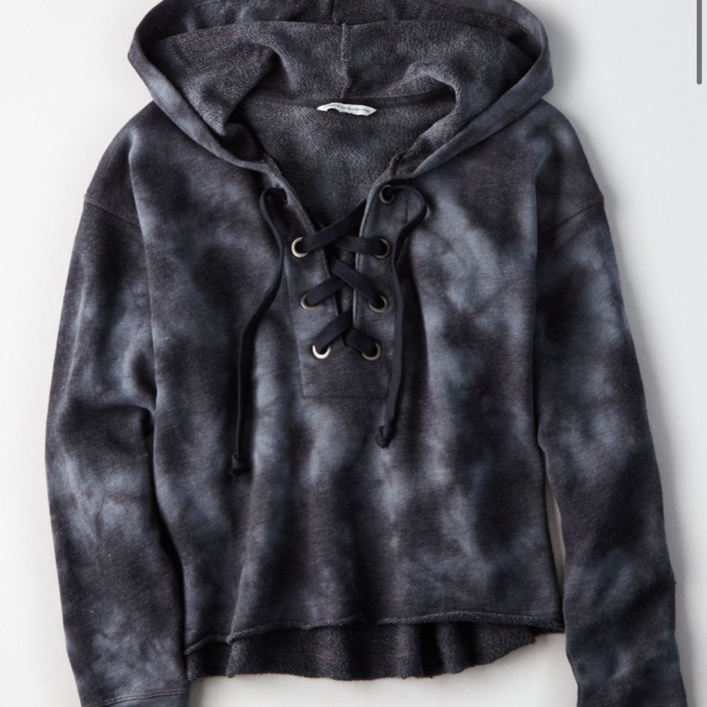 Aerie Lace Up Gray Tie-Dyed Sweatshirt